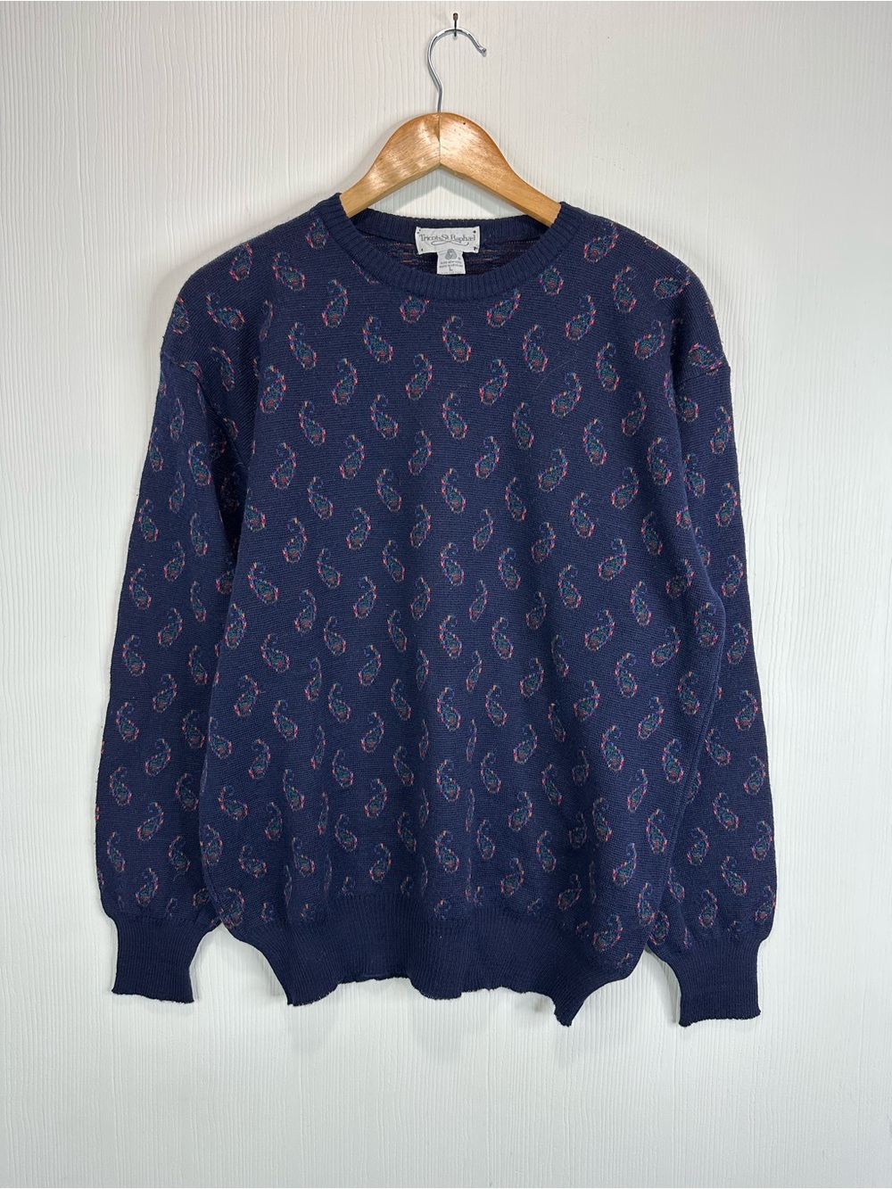 Tricots St. Raphael Navy Paisley Crewneck Sweater Blue New Wool